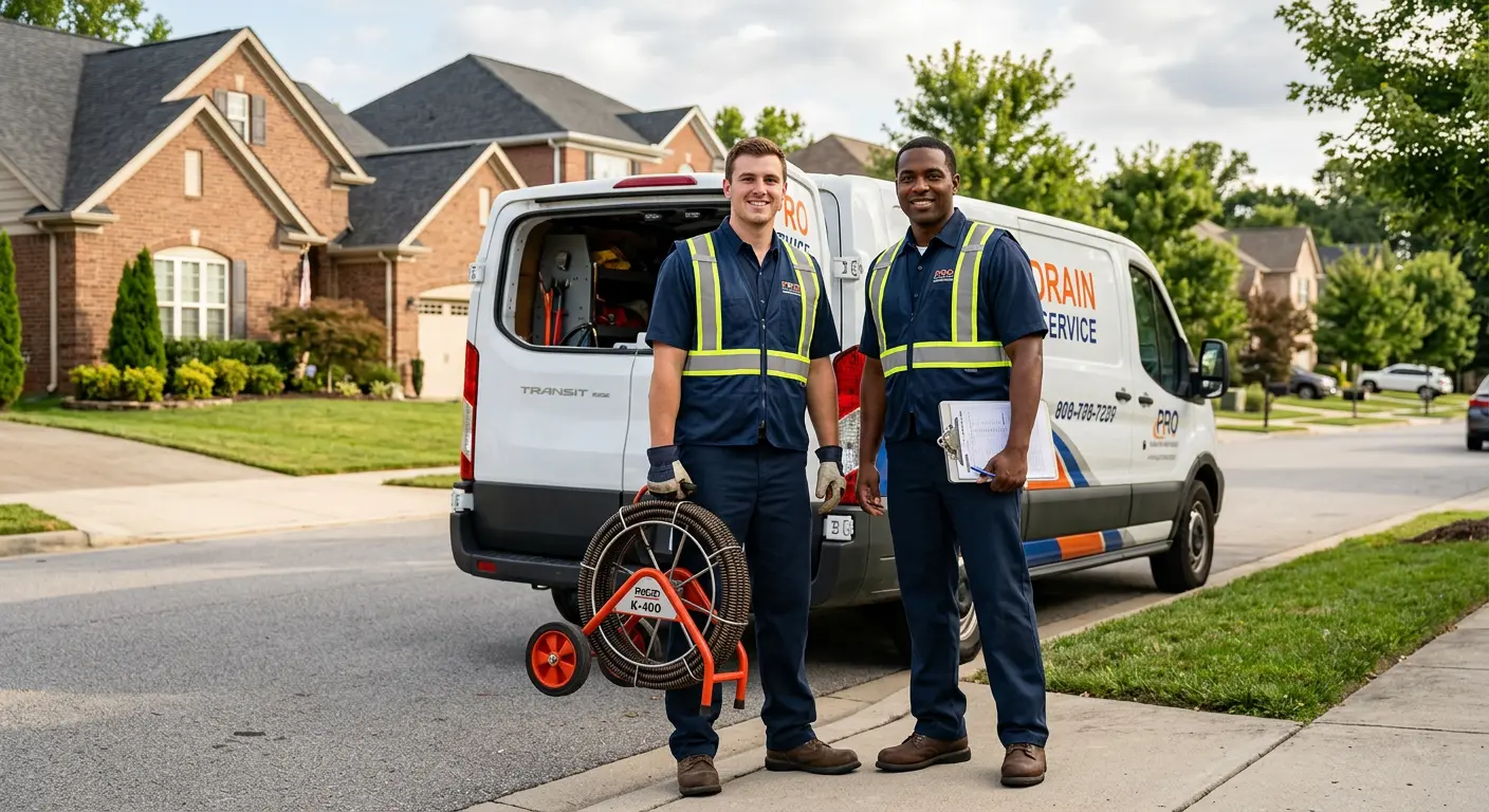 Sewer and drain service team with equipment ready for work in Dennis