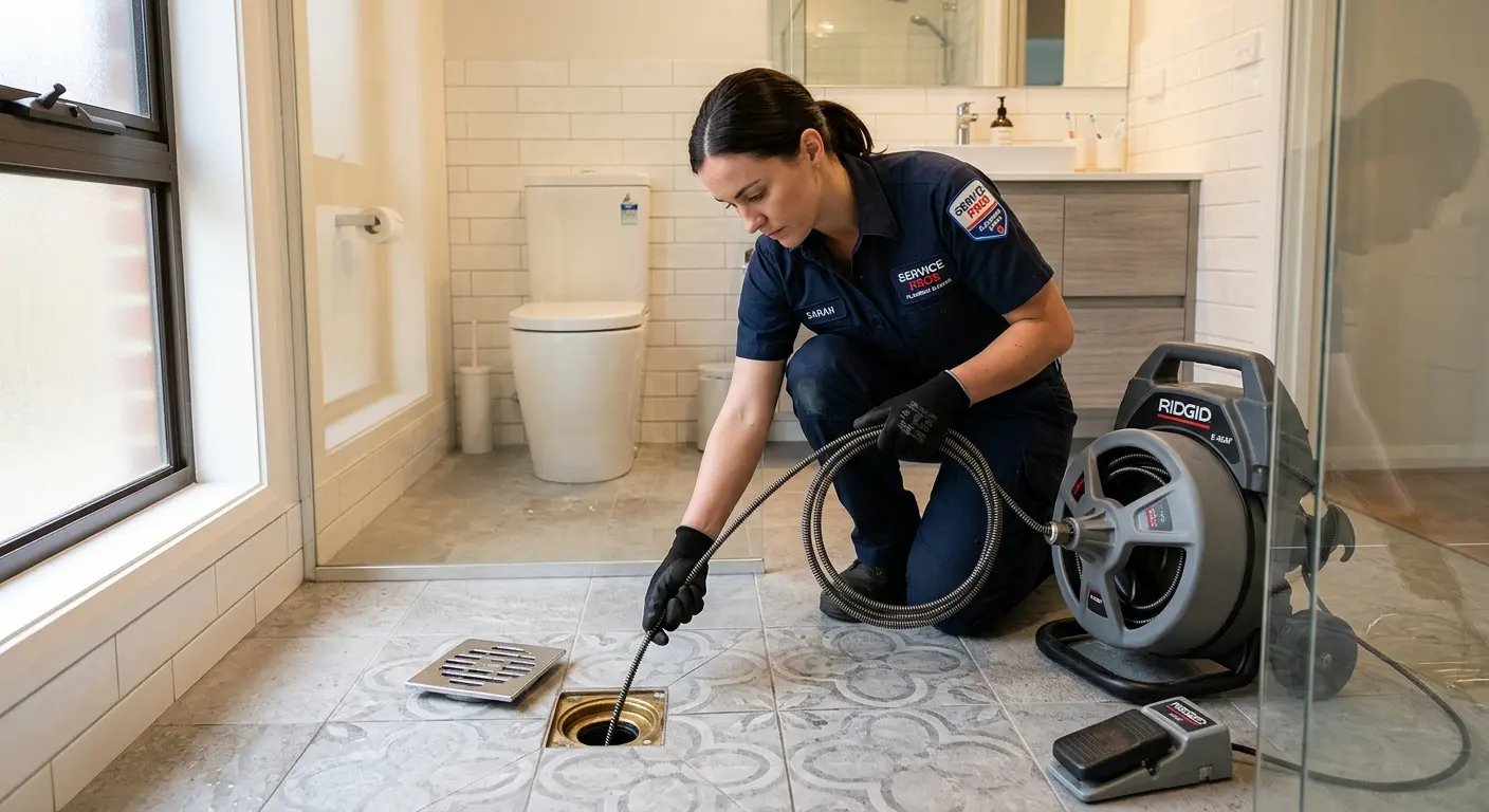 Technician clearing a bathroom floor drain for Sewer Line Replacement in Dennis